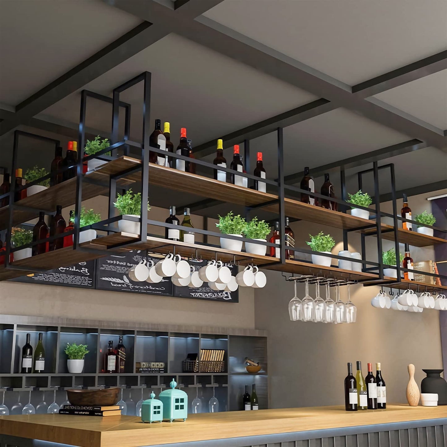 Ceiling Wine Glass Rack - 39.3in Hanging Wine Rack with Glass Holder and Shelf, 2 Layer Industrial Hanging Wine Bottle Holder, Black Metal Ceiling Shelf for Bar Cafe Kitchen (Black, 39.3×11.8×31.4in)