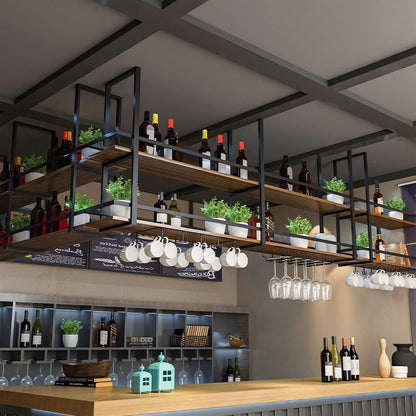 Ceiling Wine Glass Rack - 39.3in Hanging Wine Rack with Glass Holder and Shelf, 2 Layer Industrial Hanging Wine Bottle Holder, Black Metal Ceiling Shelf for Bar Cafe Kitchen (Black, 39.3×11.8×31.4in)