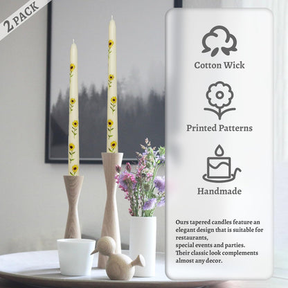 Floral Taper Candles 10 Inch Tall Unscented Handmade Beige Sunflower Print Candles Long Burning Elegant Candlesticks for Wedding Dinner Home Decor