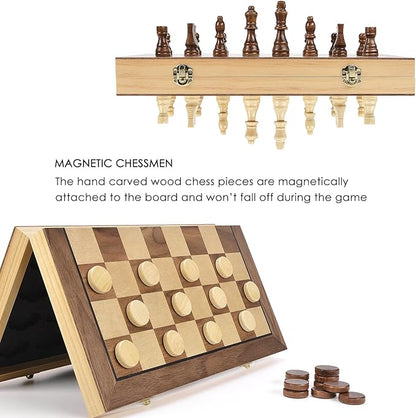 AMEROUS 15'' Magnetic Wooden Chess &amp Checkers Game Set -2 Extra Queens -24 Cherkers Pieces - Chessmen Storage Slots Beginner Chess Set for Kids and Adults Classic 2 in 1 Board Games