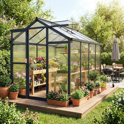 Garvee 6x8ft Greenhouse, Large Walk-in Greenhouse for Outdoors with Roof Vent & Lockable Smooth-Gliding Sliding Door, Heavy Duty Aluminum Frame Polycarbonate Green House for Garden,Backyard,Lawn,Grey