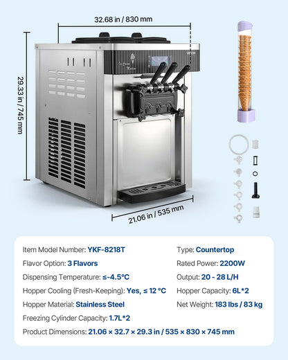 VEVOR Commercial Ice Cream Machine, 20-28L/H Yield, 2200W 3-Flavor Countertop Soft Serve Ice Cream Maker with 2 x 6L Hoppers & Hopper Agitation, Pre-Cooling Self-Cleaning for Snack Dessert Shops