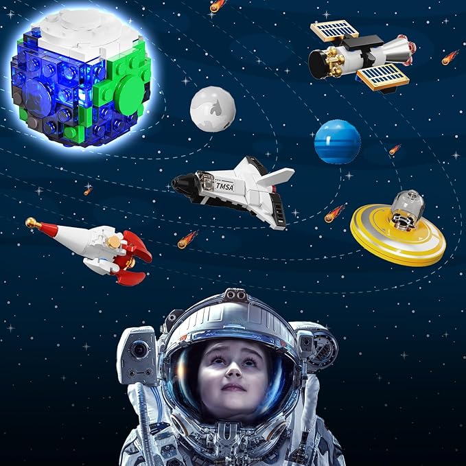 Planet Rotatable Space Sets with Light - Earth &amp Moon Space Exploration Building Toys with Shuttle Spaceship Science Kits Building Blocks Gifts for Kids Age 8+ Years Old Boys Girls(554 PCS)