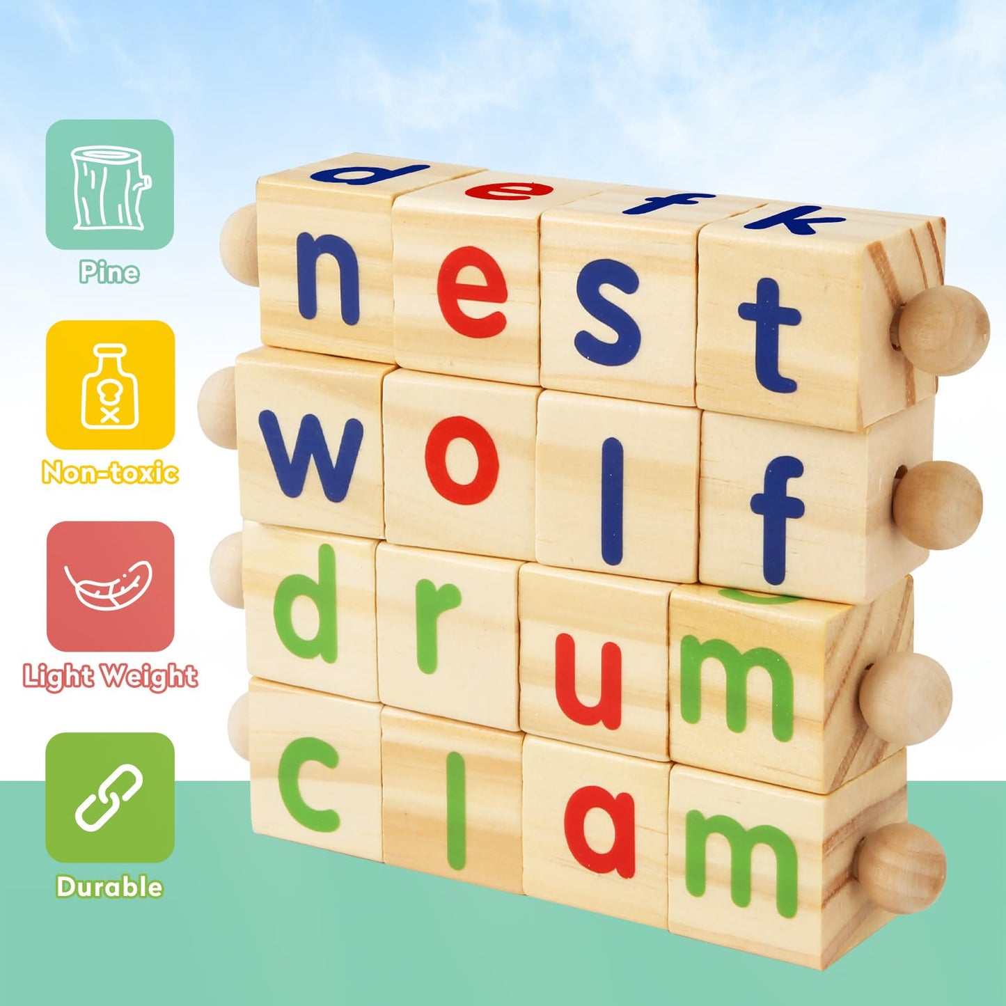 Montessori Learning and Educational Toys Gifts for Kids 3 4 5 Years, Wooden Reading Blocks Toys, Preschool Kindergarten Learning Activities, Turning Rotating Matching Flash Card Games