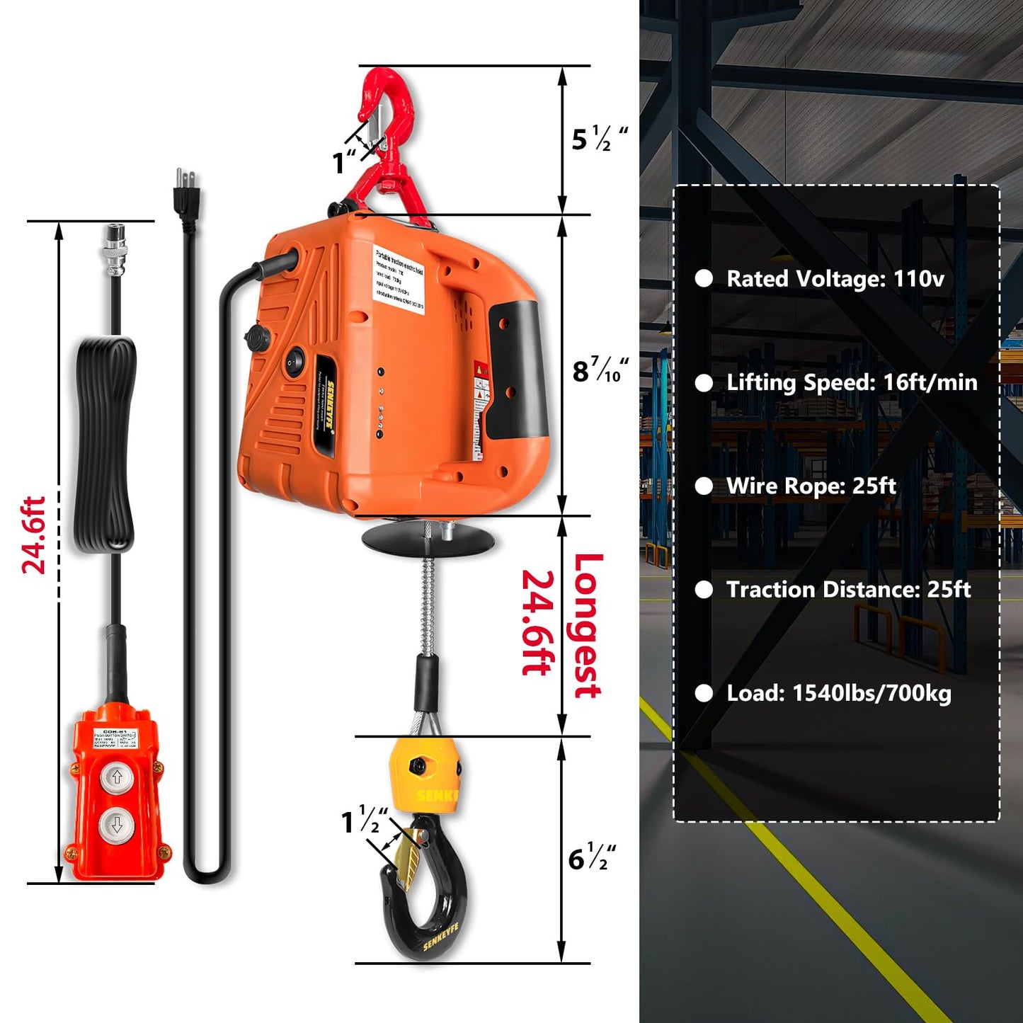 SENKEYFE Power Electric Portable Hoist Winch 1500LBS, 3 in 1 Electric Cable Hoist 110V 25 FT with Lifting Strap, Electric Hoist Lift Ceiling Winch for Lifting Towing