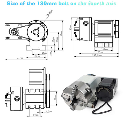 RATTMMOTOR K12-130mm CNC Router Table Rotary Milling Machine Rotational Axis A 4th Axis, 4 Jaw Chuck Dividing Head, 4.5N.m Closed Loop Servo Motor+2HSS86 Driver