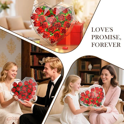 Flower Bouquet Building Set with LED Lights - 19 Rose Red Botanical Collection Block Toy with Heart Shaped Cover for Adult Her Lover Wife Women Girls 8-12+