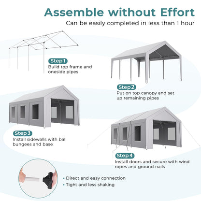 Carport 10x20 ft Heavy Duty, Car Port with Reinforced Steel Frame and 6 Roll-up Windows, Portable Garage with Sturdy Ground Nails, Waterproof All-Season Car Canopy for Boat, Truck, Grey