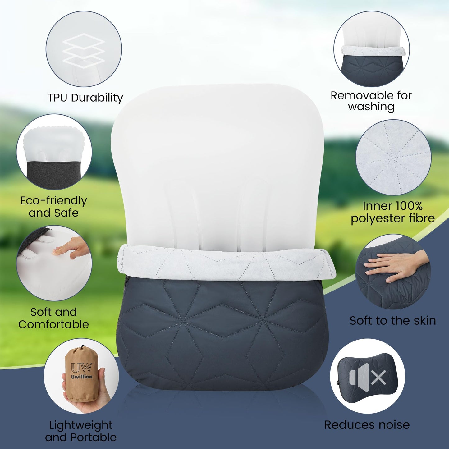 UWILLION Camping Pillow with Removable Cover - Ultralight Inflatable Pillow for Camping Lightweight, Ergonomic and Washable for Camping, Hiking, and Travel Gray