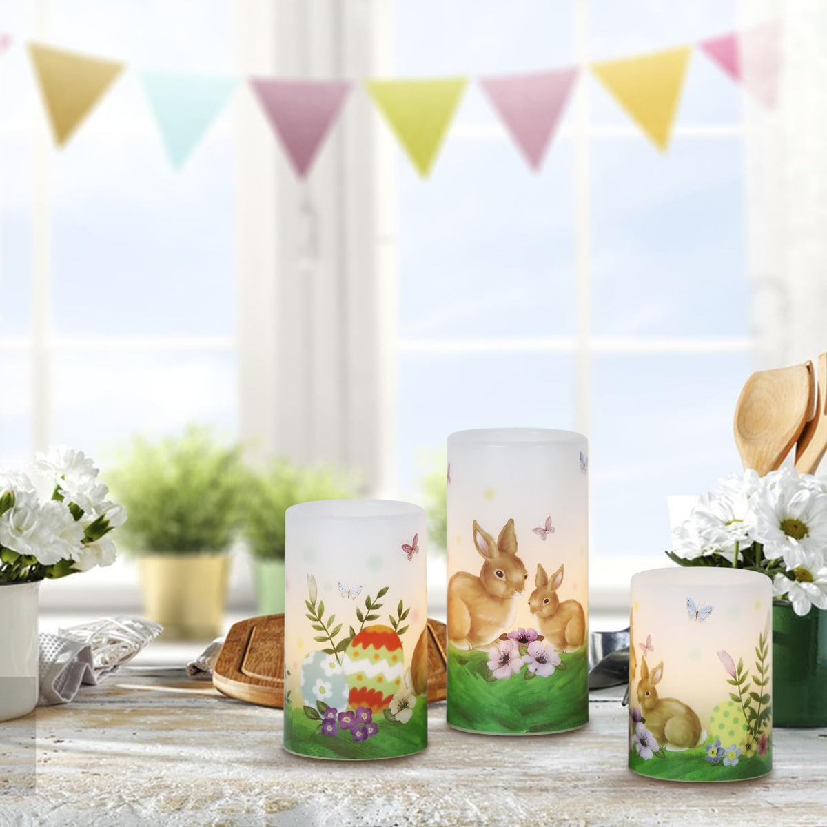 DRomance Easter Bunny Flameless Flickering Candles with 6 Hour Timer, Battery Operated Real Wax White LED Pillar Candles Warm Light Dinner Table Home Decor(3 x 4,5,6 Inches)