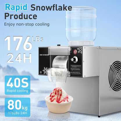 Fajiduo Snowflake Ice Machine, 176 LBS/24H Commercial Shaved Ice Machine, Rapid Cooling and 9 Adjustable Speed, Stainless Steel Snowflake Ice Maker for Home, Restaurant, Office, Party
