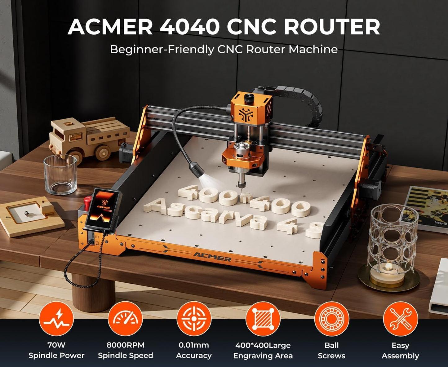 CNC Router Machine,ACMER Ascarva 4S CNC Milling Machine,70W 24V Spindle Power,15.7” x 15.7” x 3.7”,120W Whole Machine Power for Wood Plastic Acrylic MDF Carving Cutting