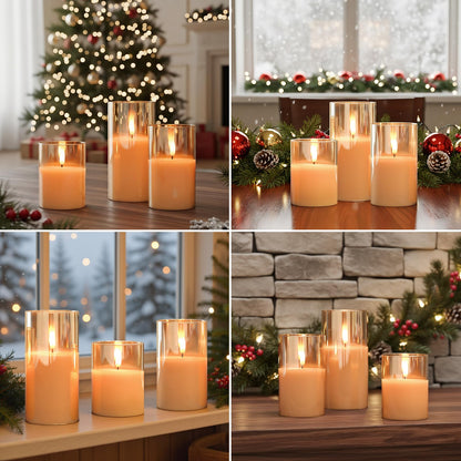GenSwin Flameless Led Candles Flickering Battery Operated with Remote, Real Wax 3D Wick Moving Pillar Candles with Timer Remote Glass Effect for Festival Wedding Christmas Home Decor(Gold)