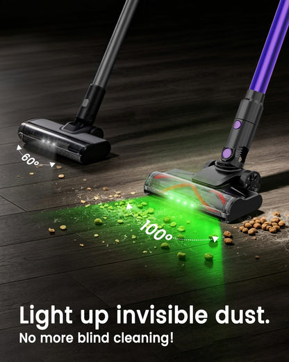 COTIAR Cordless Vacuum Cleaner, 500W 40KPa 60Mins Vacuum Cleaners for Home, Wireless Vacumm Anti-Tangle Rechargeable Vacuum with Green Light for Pet Hair/Carpet/Hardwood Floor, Purple