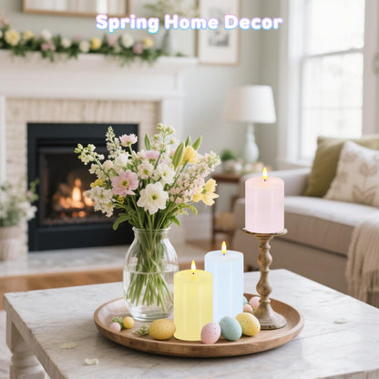 Pastel Flameless Candles, Set of 3 Flickering Easter LED Candles with Remote & Timer, Dimmable Real Wax Electric Pillar Candles Battery Operated, Spring Candles Light for Home Spring Easter Decor