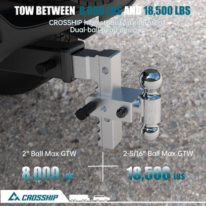 CROSSHIP Adjustable Trailer Hitch - Heavy Duty Aluminum Drop Drawbar Hitch - Fits 2.5" Receiver, 8" Drop/Rise with 2" & 2-5/16" Solid Dual Balls 18,500 LBS GTW- for Truck, SUV, RV