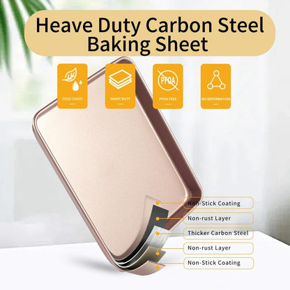 Barlket Small Cookie Sheet Pan 9x11 Inch, Nonstick Baking Tray 2-Pack, 0.8mm Thick Heavy Duty Carbon Steel, Gold – Oven Safe, Easy Clean, Bakeware Sets for Cookies, Roasting