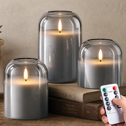 ARIKJ Grey Glass Flameless Candles with Remote and Timer, Realistic Flickering 3D Wick Battery Operated LED Pillar Candles, Modern Moody Gothic Aesthetic Decor for Fireplace Mantel Shelf Table
