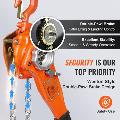 VEVOR Manual Lever Chain Hoist Bundle, Includes 3 Ton 6600 lbs 20 FT and 3/4 Ton 1650 lbs 10 FT Come Alongs, G80 Galvanized Carbon Steel with Weston Double-Pawl Brake