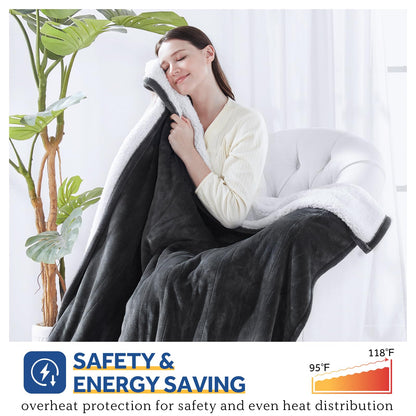 Sealy Electric Blanket with Foot Pocket for Adults, Flannel & Sherpa Heated Blanket Throw with 6 Heating Levels & 2-10 Hours Auto Shut Off, Fast Heating & Machine Washable, 50x62 Inch, Dark Grey