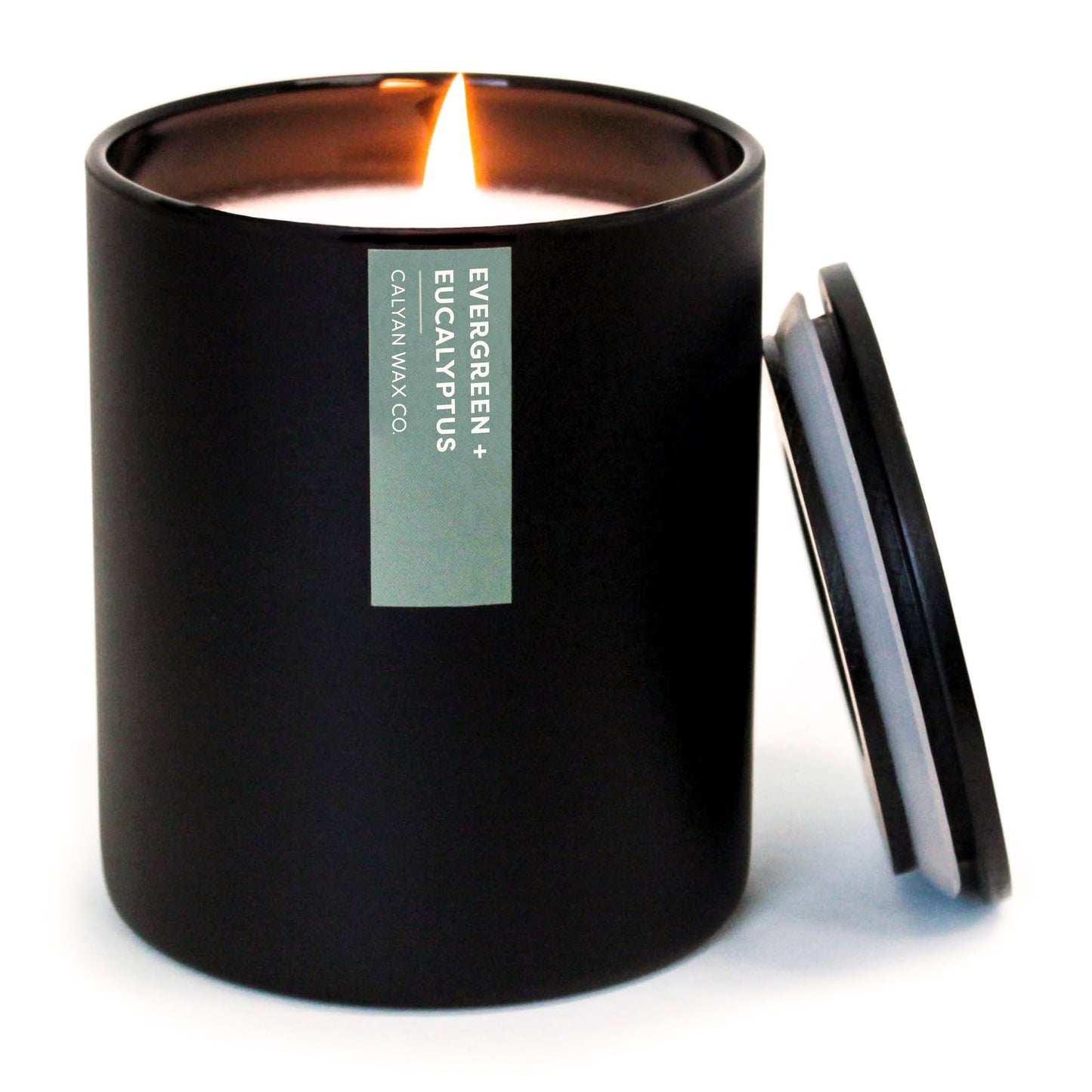 Calyan Wax Co. Evergreen & Eucalyptus Scented Candle - 75 Hour Burn - Luxury Clean Soy Wax Candles - Long Lasting Black Tumbler Jar Candle for Home - 10.2oz