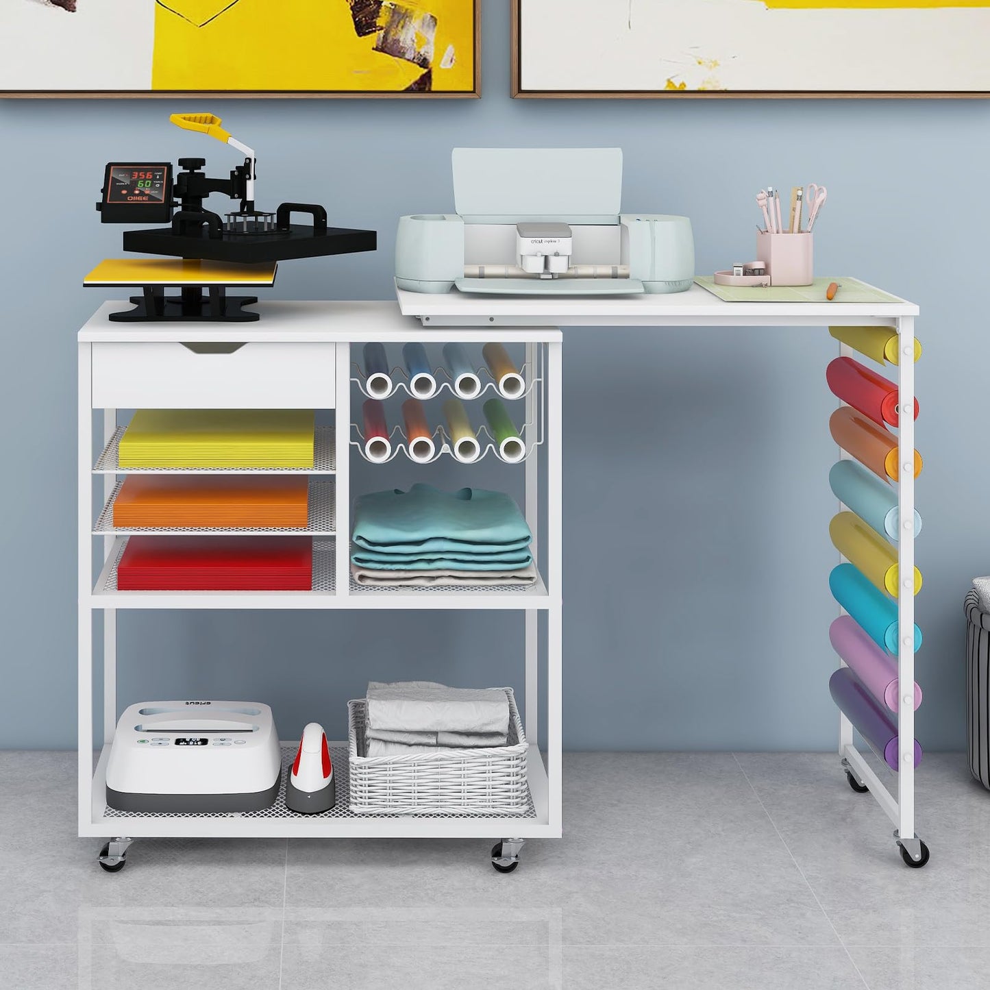 PUNCIA Heat Press Stand with 360°Rotating Craft Cart Table Compatible with Cricut Machine Rolling Organization and Storage with Vinyl Roll Holder Crafting Workstation for Craft Room Home Office