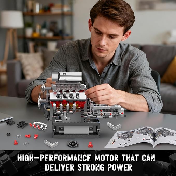 Mould King 10225 V8 Engine Model Kit that Works - Car Engine Building Blocks Kit with Battery STEM Mechanic Engineering Construction Set Collection Model Gift for Adults(855 PCS)