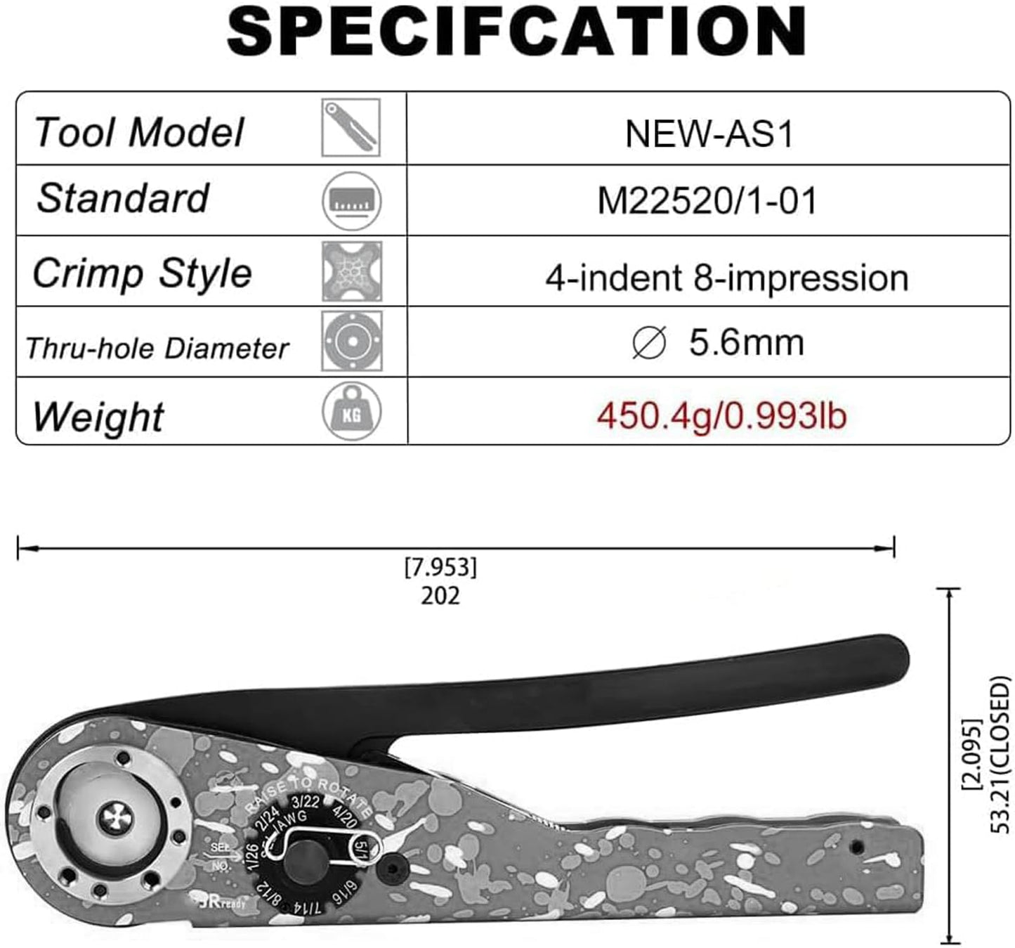 JRready NEW-AS1 8 Indent Crimping Tool design according M22520 1 01 for Heavy Duty Circular Rectangular Electrical Connector 38999 26482 etc. Wire 12-26 awg 12 16 20 Solid Barrel Contact