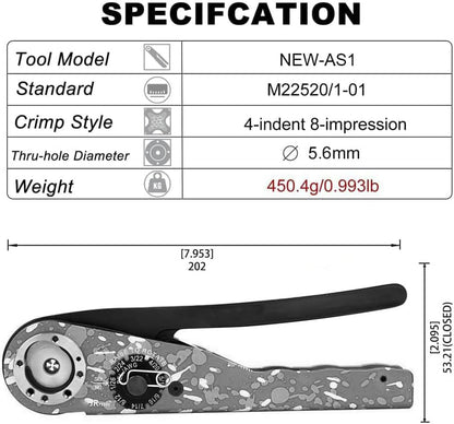 JRready NEW-AS1 8 Indent Crimping Tool design according M22520 1 01 for Heavy Duty Circular Rectangular Electrical Connector 38999 26482 etc. Wire 12-26 awg 12 16 20 Solid Barrel Contact