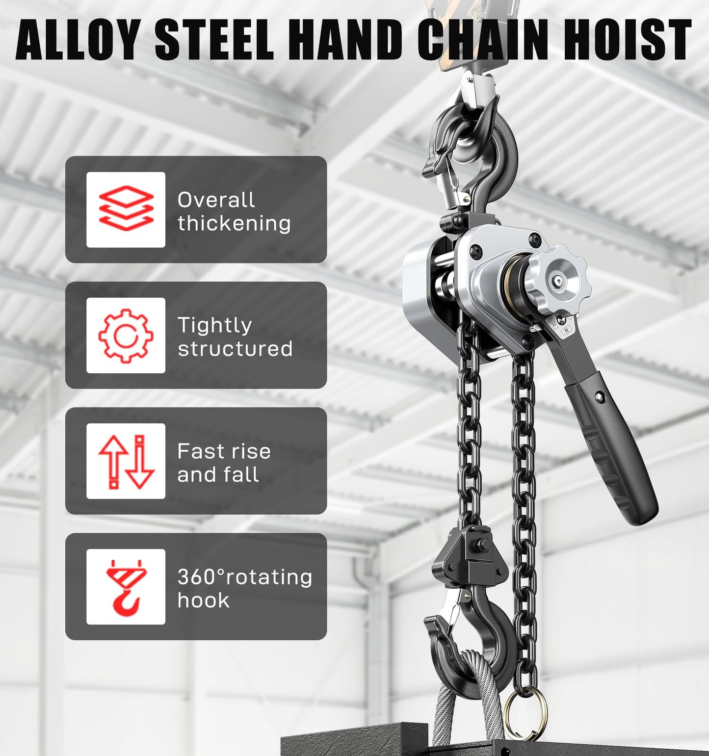HUGOASIS Mini Lever Hoist 3/4 TON 1650 LBS Capacity 5FT Lift, Portable Aluminum Ratchet Chain Hoist with G80 Alloy Steel Chain, Dual Brake Hand Chain Puller for Lifting & Pulling,Silver