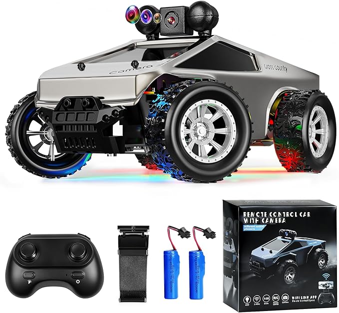 RC Cars with Camera Remote Control Truck with 720P HD FPV Camera All-Terrain Remote Control Car with Led Light Rechargeable Battery 1:28 RC Car Vehicle Toy Gifts for Kids Boys Girls