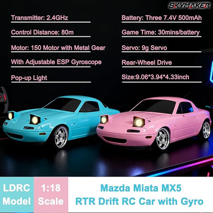 Skymaker 1/18 RC Drift Car with 3 Batteries Mazda MX-5 Miata 2.4GHz LDRC 1804 RWD Drifting Adults with ESP Gyro Pop-up Light (Blue)