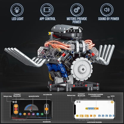 HIGH GODO V8 Engine Kits That Runs DIY Car Engine Model Kit for App Control Build Your Own Visible Engine Model Toy with Motor and Lights STEM Model Engine for Teens Adults 14+ (665 PCS)