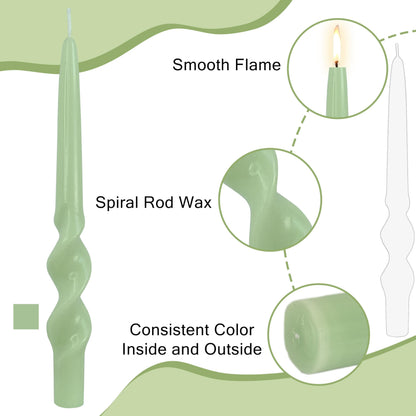 4 Pack Green Spiral Taper Candles Unscented Tapered Candles Twisted Candle 10 Inch Smokeless Tall Candlesticks for Weddings Dinner Parties Home Decor