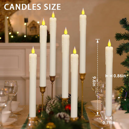 KSWING Upgraded Real Wax LED Flameless Taper Candles with Remote, 6 PCS White Dripping Candlesticks Battery Operated 3D Flickering - 9.6" Long Realistic Fake Candle Sticks for Home/Wedding/Xmas Decor