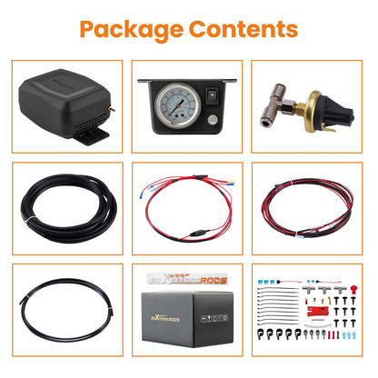maXpeedingrods On Board Air Compressor System with Low Pressure Sensor Analog Gauge Air Line Fittings Universal Air Compressor Kit for Trucks Vans
