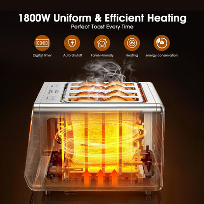 4-Slice Smart Toaster, 1800W Digital Touchscreen with Dual-Zone Control, 1.5" Extra-Wide Slots for Bagels & Thick Bread, 6 Browning Levels & 6 Presets, Single-Slot Energy Saving, Defrost/Reheat