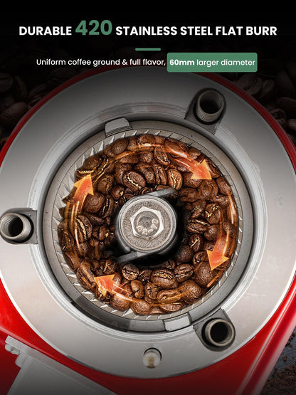 Huanyu Flat Burr Coffee Grinder with 19 Grinding Settings Large Capacity 35oz Red and Huanyu Electric Espresso Portafilter Cleaner 16L with Dual Brush Heads, 3 Scrapers Bundle