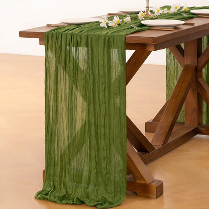 Socomi 3pcs Campsite Green Summer Cheesecloth Table Runner Boho Rustic Gauze 120 inch 10FT Cheese Cloth Sheer Runner for Wedding Party Baby Shower Birthday Home Decor Holiday Decorations
