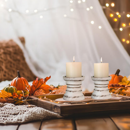 Candle Holder for Pillar Candle Set of 2, Farmhouse Wood Candle Holder, Rustic Wooden Candle Stand, Vintage Small Wooden Candlestick Holders for Living Room, Table Centerpiece, Rustic White