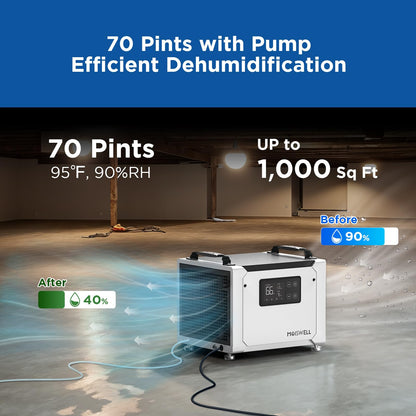 Moiswell 70 Pints Commercial Dehumidifier with Pump, Portable Crawl Space Dehumidifiers for Basement and Home, Energy Star Efficient Certified, Automatic Defrost | MOISWELL Defender ME-7S