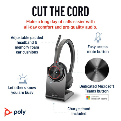 Poly Voyager 4320 UC Wireless Headset & Charge Stand (Plantronics) - Stereo Headphones w/Noise-Canceling Boom Mic - Connect PC/Mac/Mobile via Bluetooth-Works w/Teams (Certified), Zoom-Amazon Exclusive