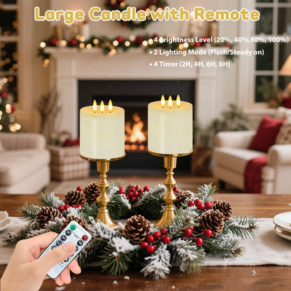 Large 3 Wick Flameless Candles, 4"x4" Flickering Flameless Candles with Remote & Timer, Dimmable Real Wax LED Candles Battery Operated, Electric Pillar Candles for Home Wedding Christmas Decor (Lvory)