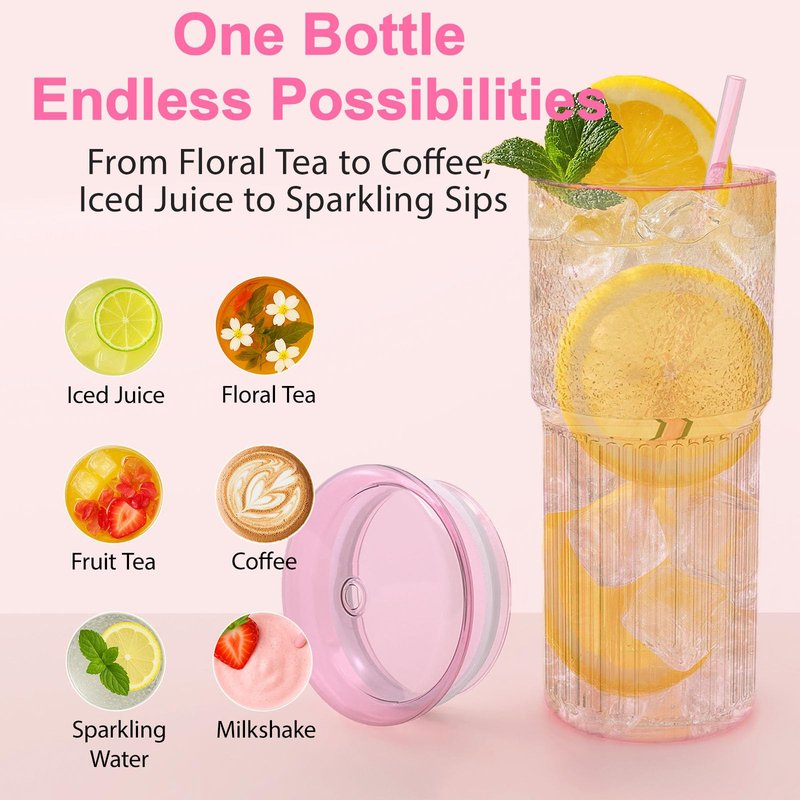 Luiaiog 20oz Glass Cups with Lids and Straws - Set of 4 Reusable Tumblers, Thickened Shatter-Resistant Glass, Ideal for Iced Coffee, Smoothies, Cocktails, Juices - Elegant & Durable Drinkware (Pink)