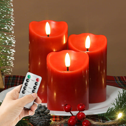 LUSHARBOR Flameless Candles with Remote, Battery Operated Christmas Candles with Timer Real Wax LED Flickering Fake Electric Candles for Christmas Party Home Decor, Set of 3 (Red)