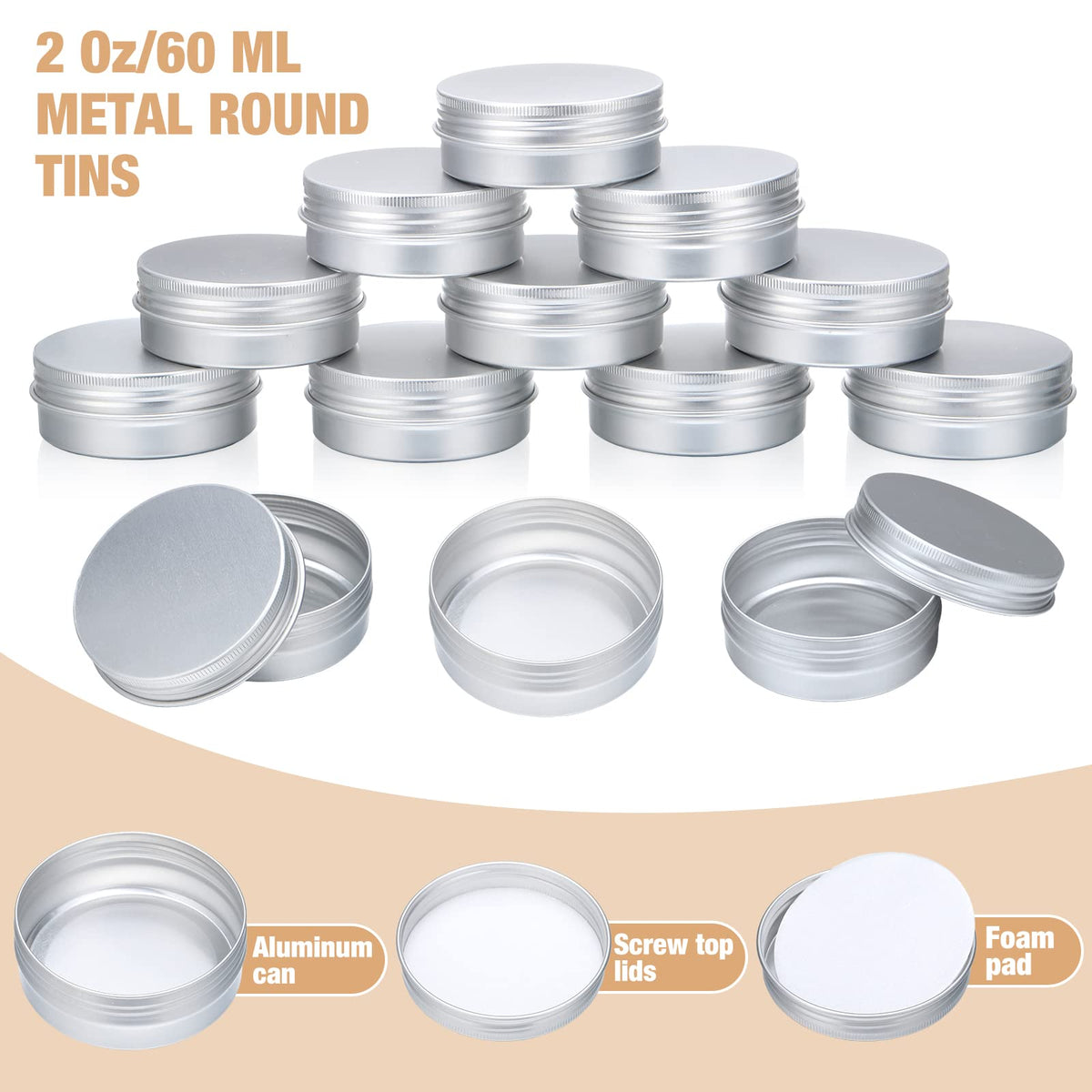Zubebe 200 Pack Metal Tins with Lids Bulk Screw Top Aluminum Tin Containers Round Tin Cans for Cosmetic Lip Balm DIY Salves Candles Wax with 5 Markers 10 Sheets Label Stickers (Silver,2 oz)