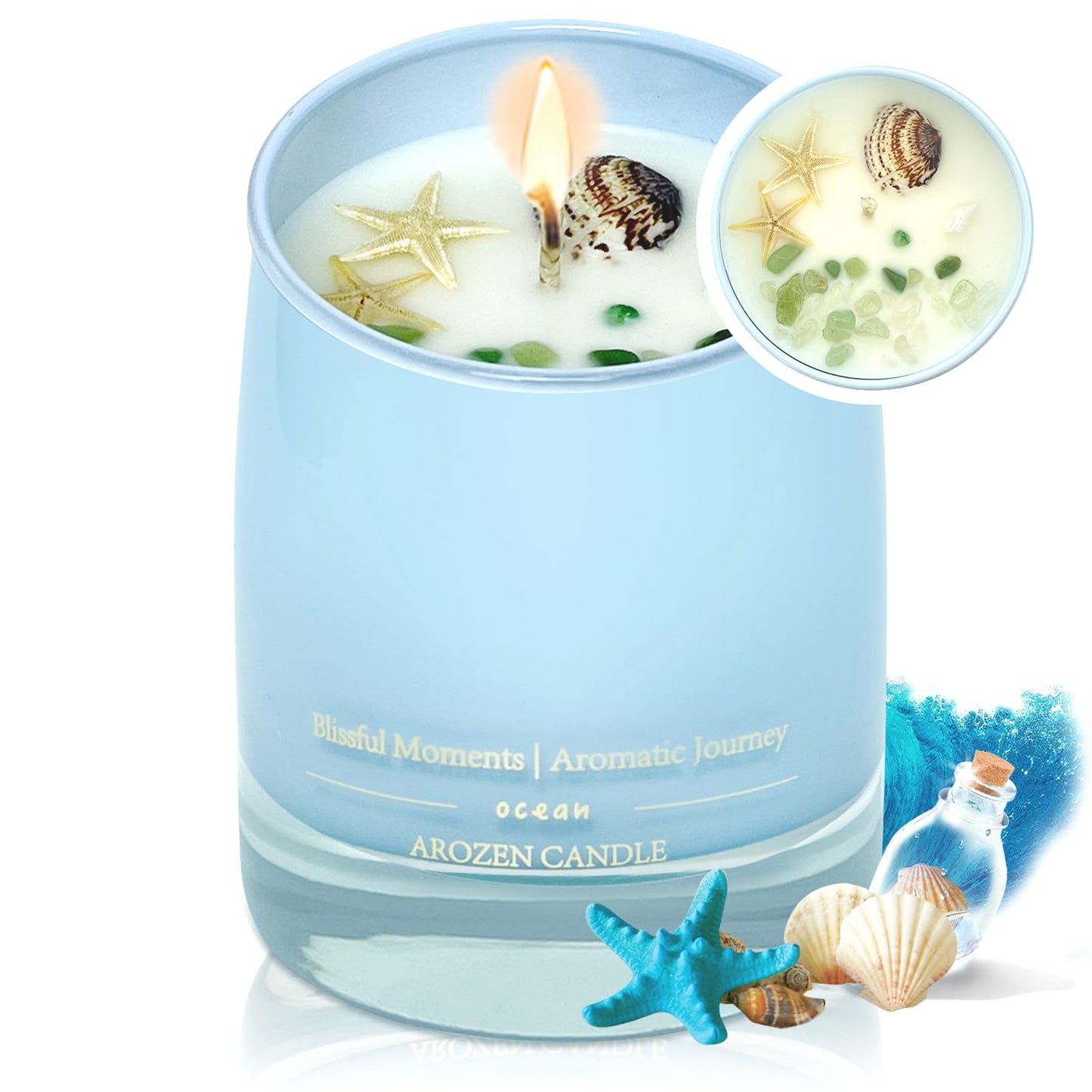 AROZEN Ocean Scented Candles Gift for Women-10oz Aromatherapy Sea Beach Soy Candles for Home Scented with Healing Crystal inside-55H Burn Gifts for Valentine's Day, Birthday, Women, Mother's Day