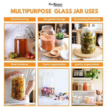 FastRack 1 Gallon Mason Jar with White Airtight Lid | Regular Glass Canisters with Airtight Lids | Large Mouth Glass Jar for Food Storage, Canning, Fermentation, Pickling