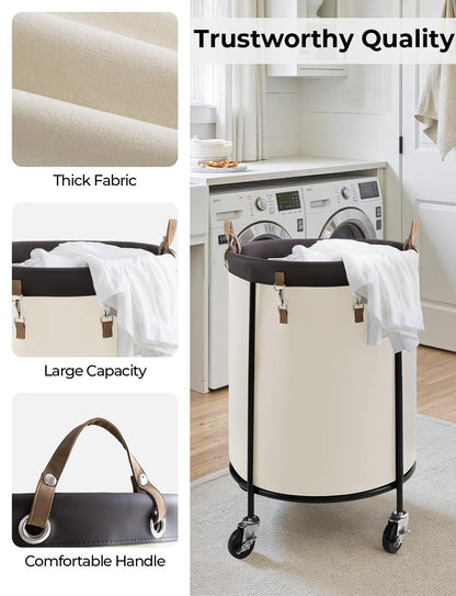 StorageWorks 170L Rolling Laundry Basket, Clothes Hamper with Wheels, Round Clothing Cart with Steel Frame and Removable Bag, 4 Casters and 2 Brakes, Beige, 1-Pack