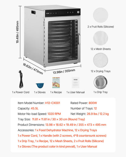 VEVOR Food Dehydrator Machine, Rotary 12 Stainless Steel Trays, 800W Electric Food Dryer with Adjustable Temp & 24-Hour Timer, Food-Dehydrator for Jerky, Meat, Fruit, Vegetables, Herbs, Dog Treats